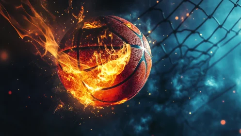 Fiery basketball soaring toward the hoop in electric glow.