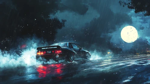 Neon-soaked street racer drifting under a torrential moonlit sky.