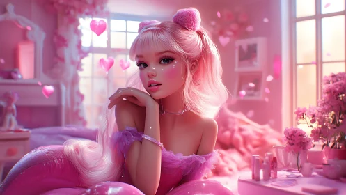 Dreamy pink anime girl relaxes in a romantic pastel bedroom