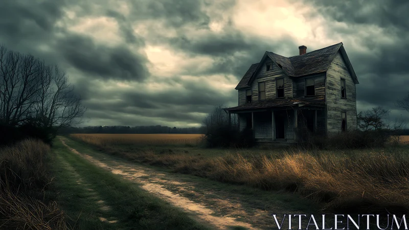 Isolated weathered farmhouse beside dirt road under clouds.