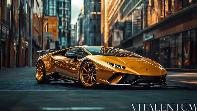 Golden supercar gliding through a sleek city evening street.
