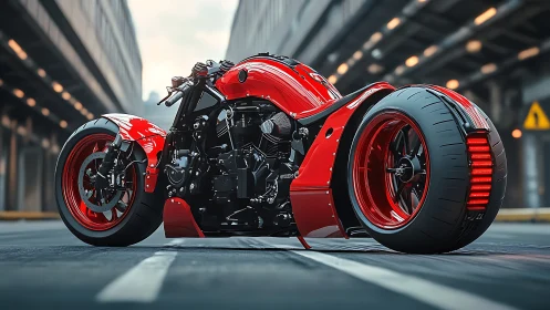 Low-angle view shows custom red motorcycle in urban street
