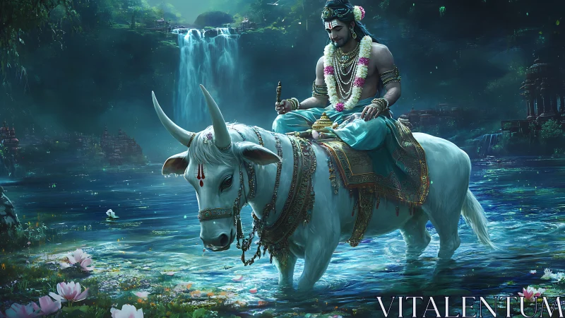 Divine rider guides sacred white bull through moonlit water.