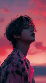 Digital portrait of androgynous figure in neon dusk backlight