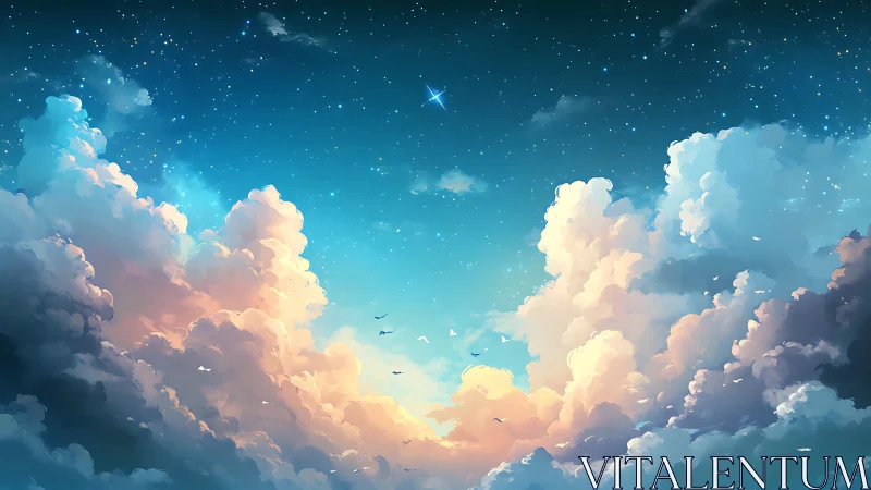 Digital sky illustration shows starry night above cumulus clouds