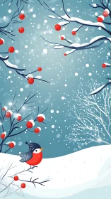 Stylized winter landscape with red bird and berry branches.