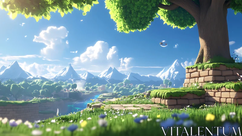 Bright stylized valley landscape with river and large tree.