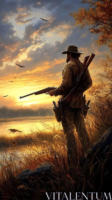 Hunter watching sunrise over misty wetland lake scene.