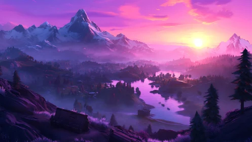 Radiant magenta sunset over stylized mountainous river valley panorama