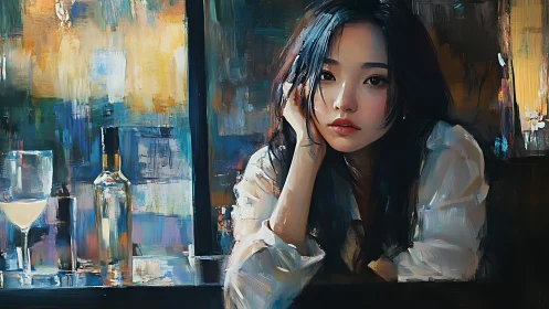 Soft neon solitude at the bar window, painted in wistful color.