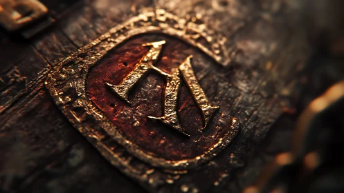 Golden monogram emblem rests on weathered leather cover.