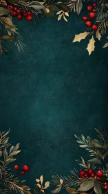 Dark teal Christmas border frames red berries and foliage