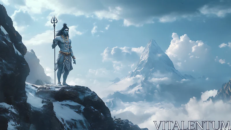 Mythic blue deity overlooking vast snowbound mountain range.
