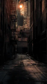 Moody city alley glows under a dramatic urban sunset sky