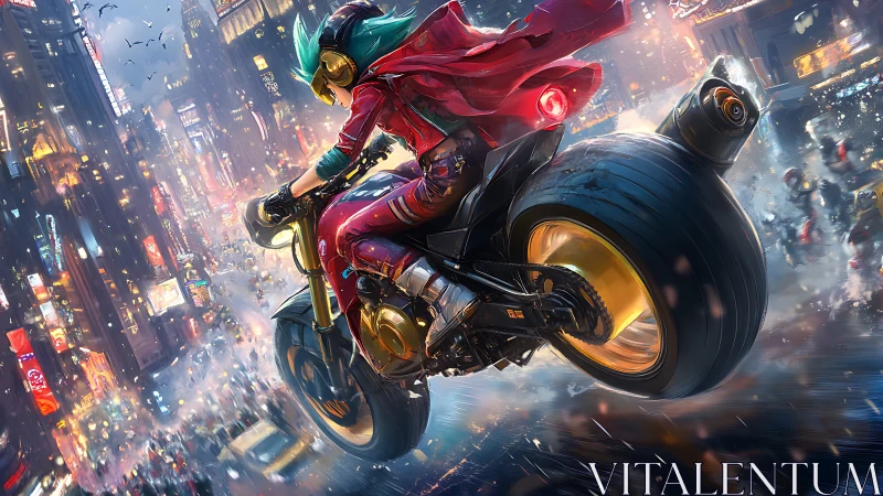 Cyberpunk rider launches neon bike above stormy city