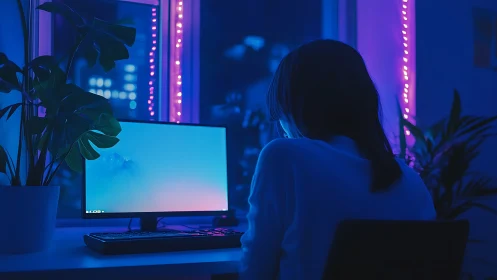 Cozy neon workspace with a quiet night computer glow.