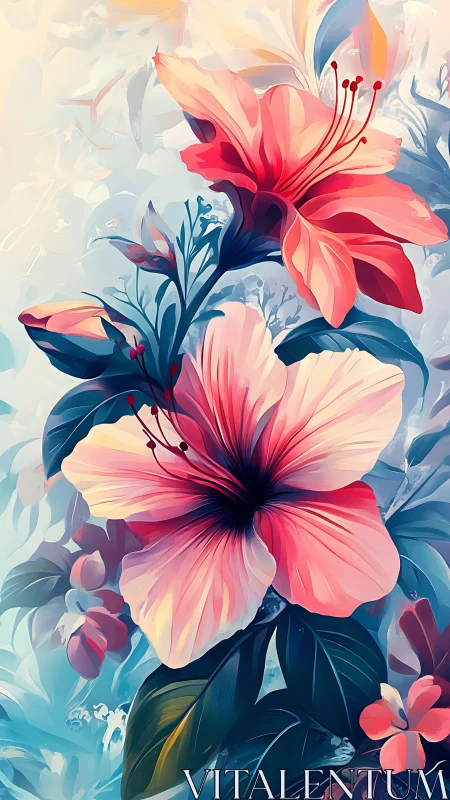 Digital illustration of pink and red hibiscus flowers.