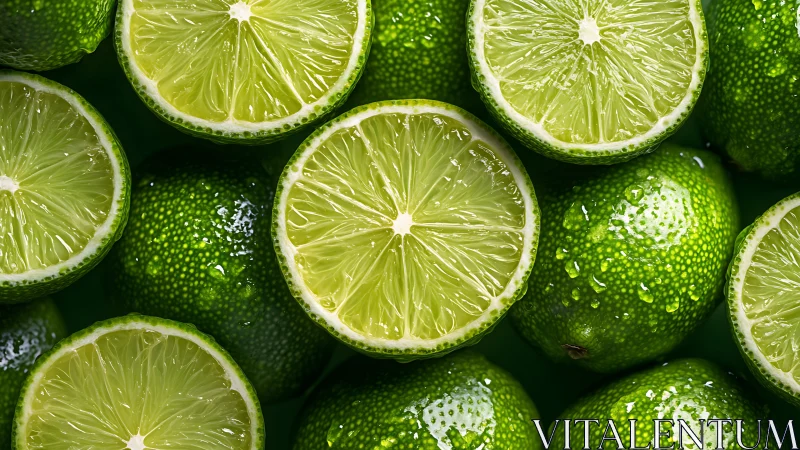 Halved and whole limes with surface moisture, top view.