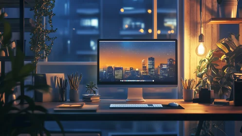 Computer workstation overlooks cityscape through large window