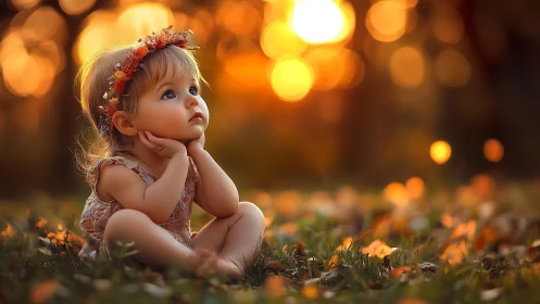 Young Child in Floral Crown Contemplating Autumn Sunset.