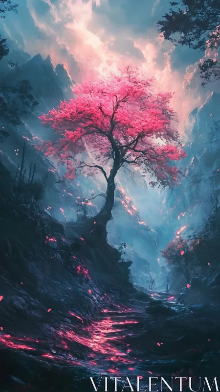 Glowing pink tree welcomes wanderers into a misty valley