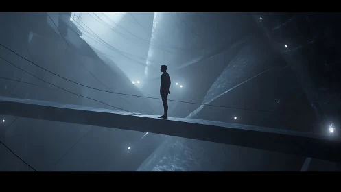 Quiet silhouette pauses on a misty futuristic skybridge