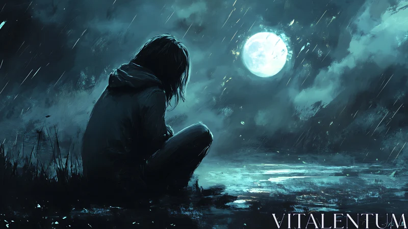 Solitary figure watches full moon over rainlit water.