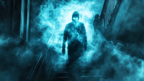 Spectral hooded figure descends staircase in cyan volumetric fog