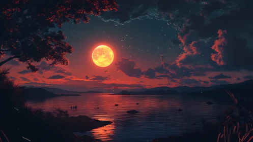 Crimson moonrise ignites a tranquil starlit lakeshore dreamscape.