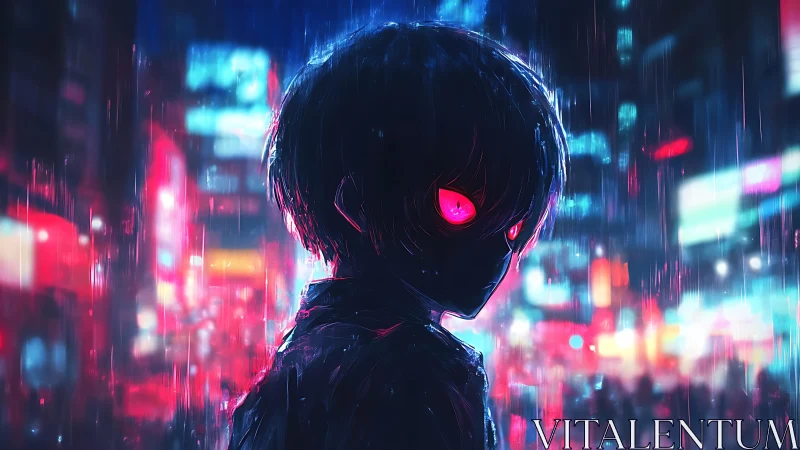 Neon‑eyed vigilante stands in a rain-soaked cyber city