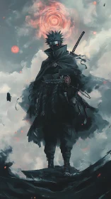 Storm-crowned shinobi strides through swirling crimson halos