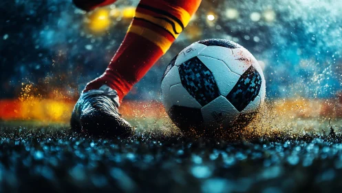 Rain-soaked soccer kick igniting a thrilling night match.