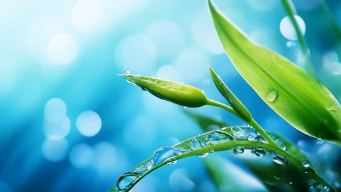 Morning dewdrops on tender green leaves in soft blue light.