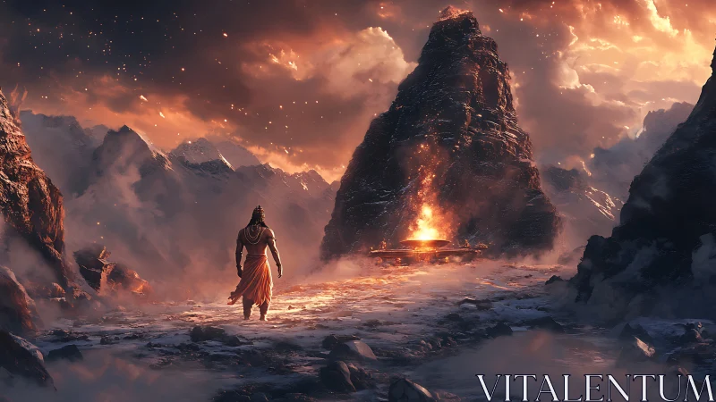Lone ascetic approaches blazing altar in frozen pass.