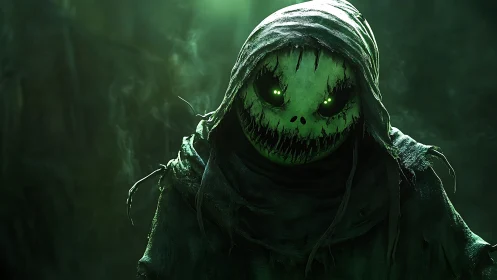 Hooded spectral scarecrow with glowing green eyes in fog