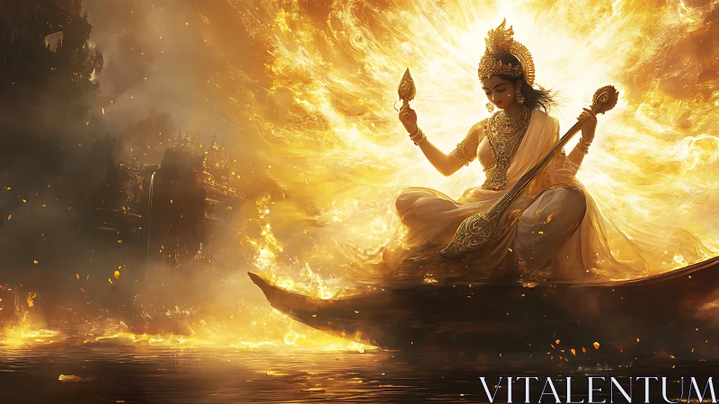 Radiant river goddess cradling music within molten dawn.