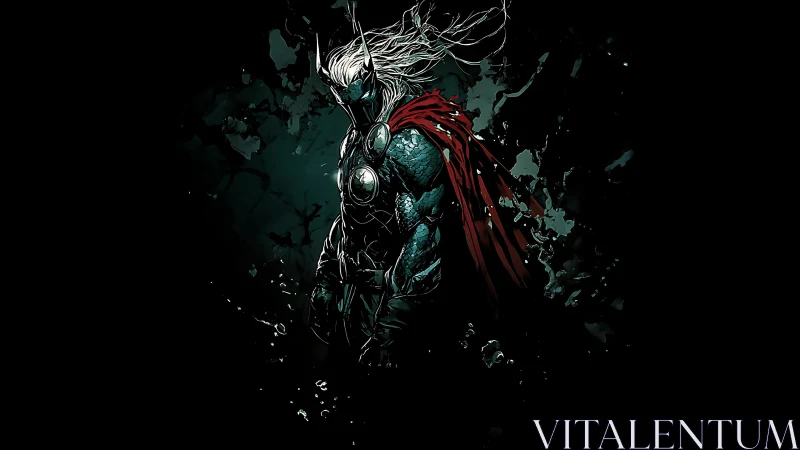 Storm-wreathed armored warrior emerges from inky darkness