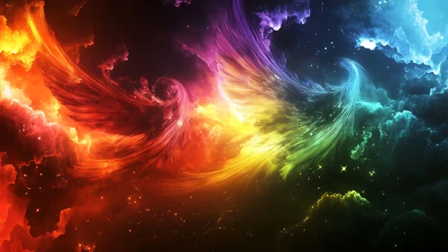 Twin cosmic phoenix wings painted in living rainbow light.