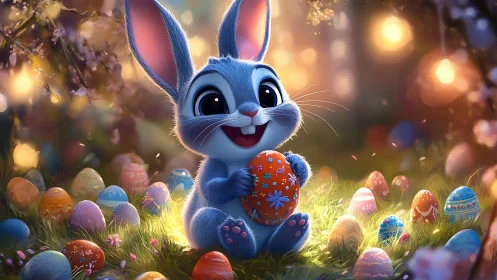 Joy-sparked bunny cradles glowing Easter egg wonderland.