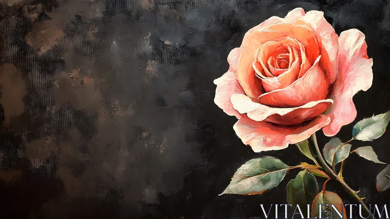 Single coral rose on textured dark abstract ground.