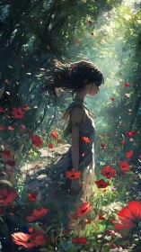 Girl standing in sunlit forest filled with red flowers.