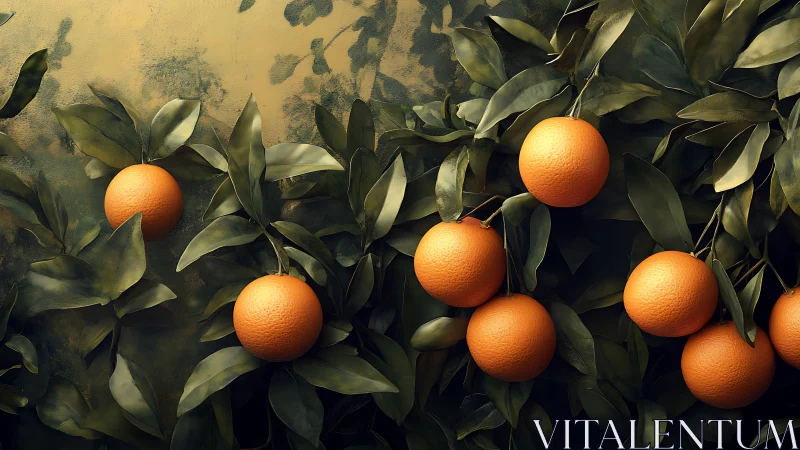 Ripe oranges hanging on glossy green leaves against wall.