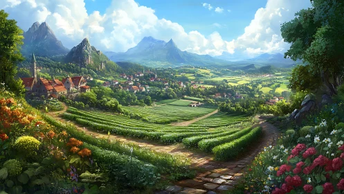 Sunlit terraced valley village under towering mountains.