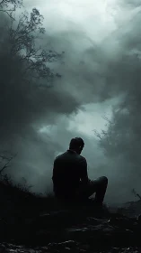 Digital painting of solitary figure in stormy atmospheric landscape.