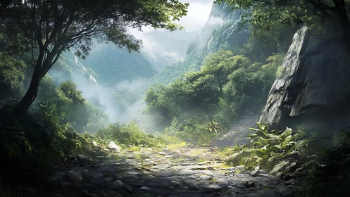 Misty Canyon Valley: Lush Mountain Gorge With Cascading Light.