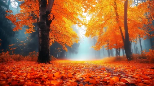 Autumn Forest Pathway Through Golden Canopy.