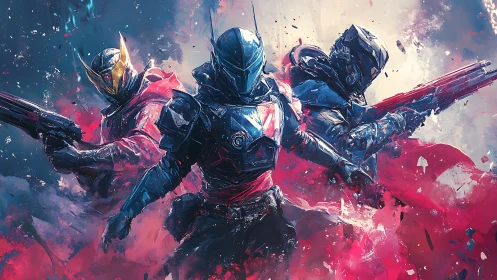 Three armored sci-fi soldiers stand in dynamic combat poses