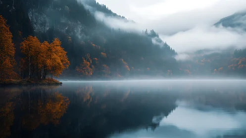 Foggy alpine lake reflects orange autumn trees in still water