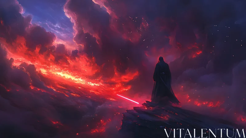 Dark warrior surveys a burning sky over a ruined world.