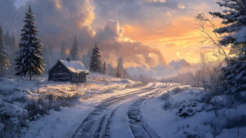 Snowy mountain track curving past sunset-lit forest cabin.